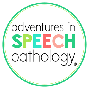 Adventures in Speech Pathology logo, wih 'Speech' written in all capitals with coloured letters, and a green circle around the logo text. Click to go to Adventures in Speech Pathology's website. 