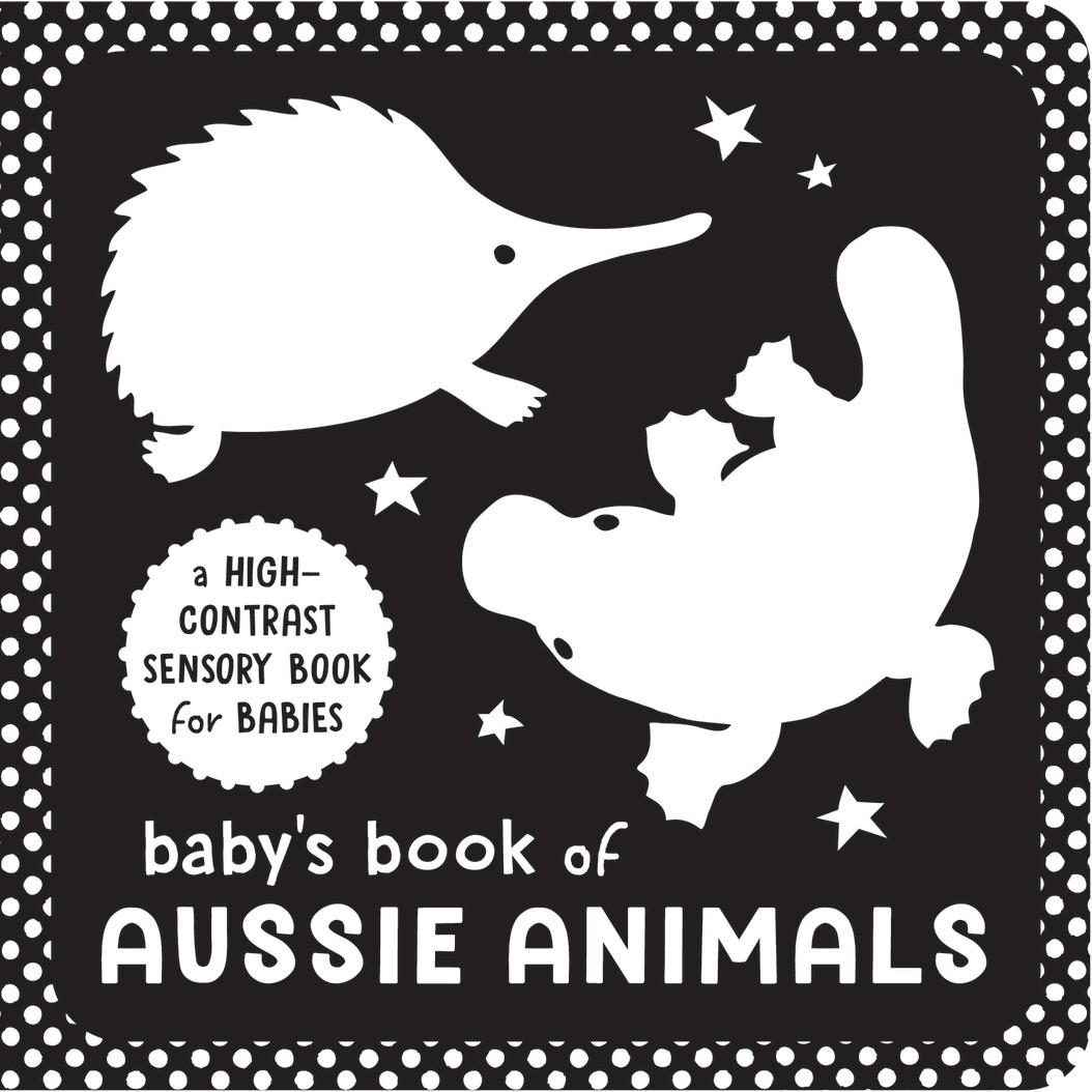 This is the cover for ‘Baby's Book of Aussie Animals’, illustrated by Jill Brailsford. The cover shows a platypus and echidna with stars around them. The graphics show as white on a black background.