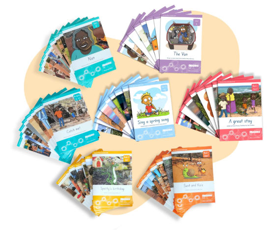 This graphic shows a large selection of books from the SPELD SA Sounds-Write Series.