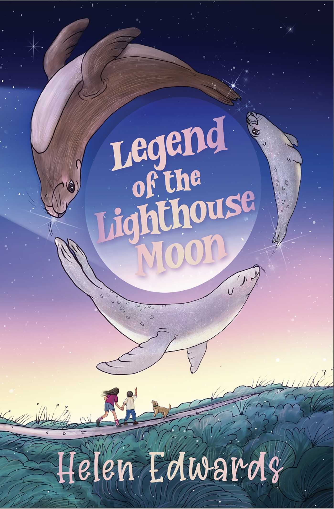 This is the cover for ‘Legend of the Lighthouse Moon’. Written by Helen Edwards. The cover shows 3 seals circling in the night sky. A boy, girl and dog look and point at it from the ground. 